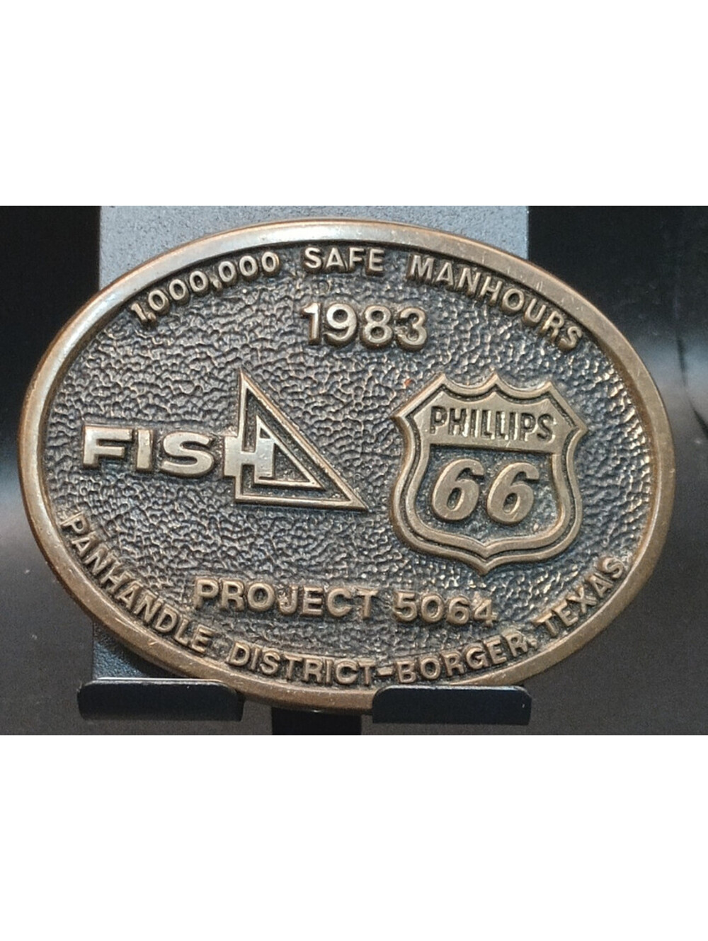 Phillips 66 FISH 1M Safe Work Hours Belt Buckle 1982 Borger Texas Oil & Gas